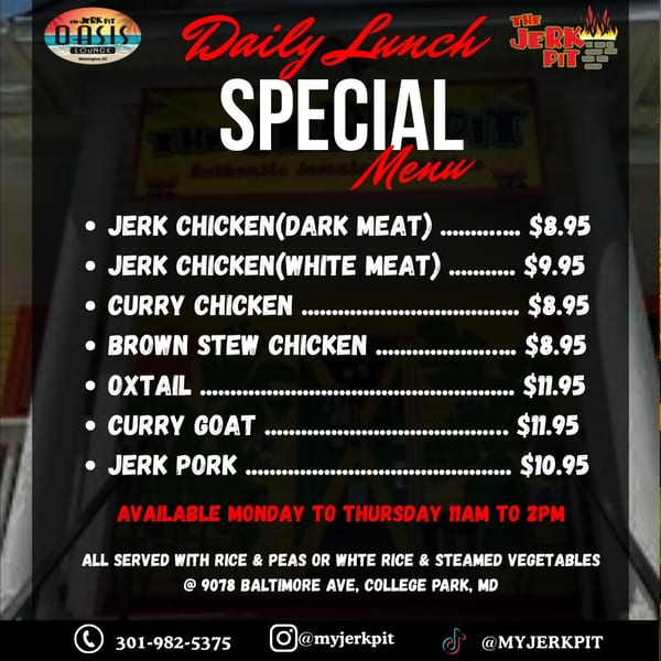 The Jerk Pit's daily lunch special menu featuring various jerk and curry dishes with prices.