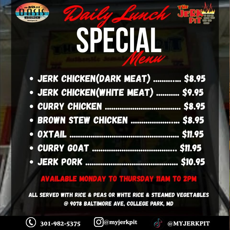 The Jerk Pit's daily lunch special menu featuring various jerk and curry dishes with prices.