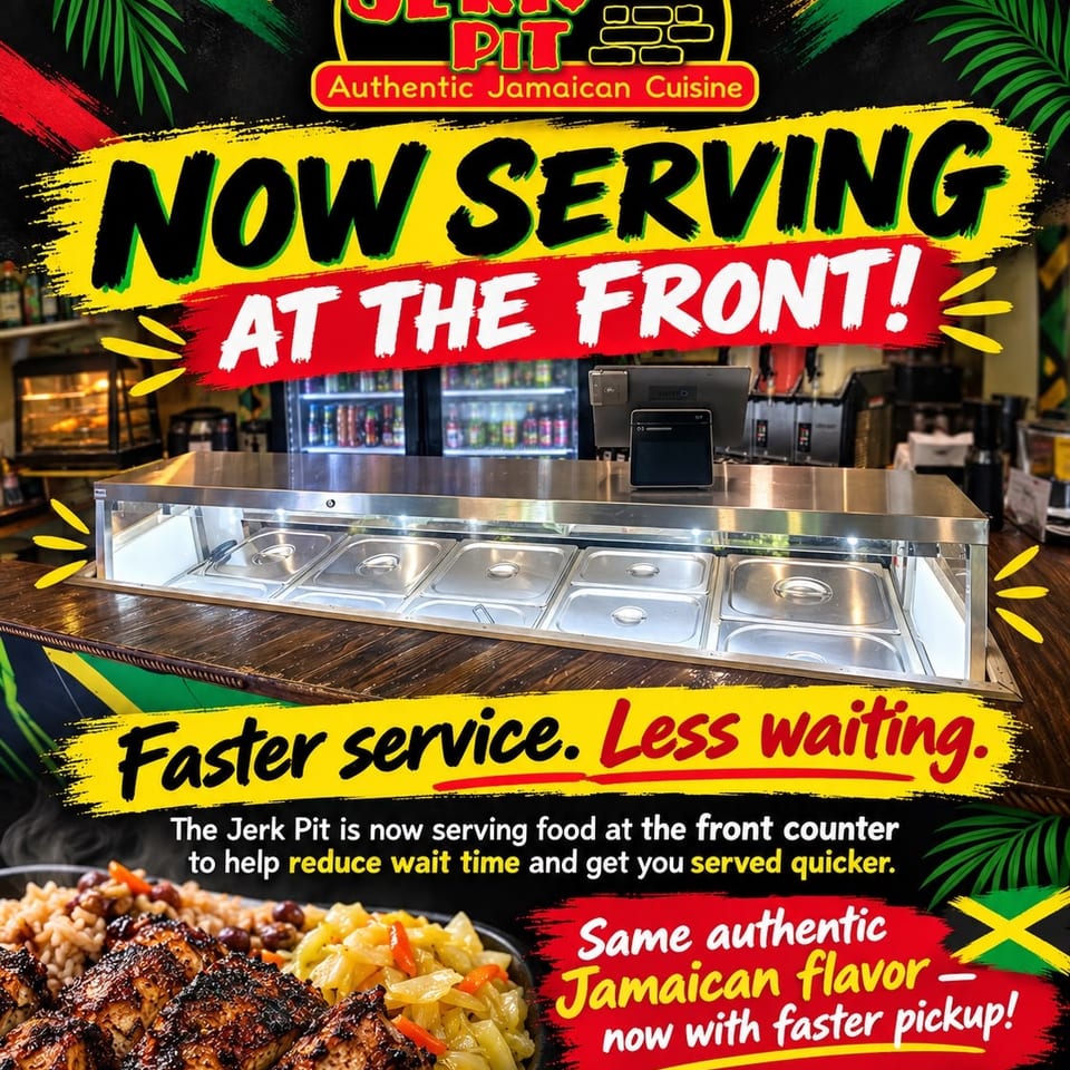 The Jerk Pit Jamaican restaurant counter with serving trays, colorful branding, and plated jerk chicken with rice and vegetables.