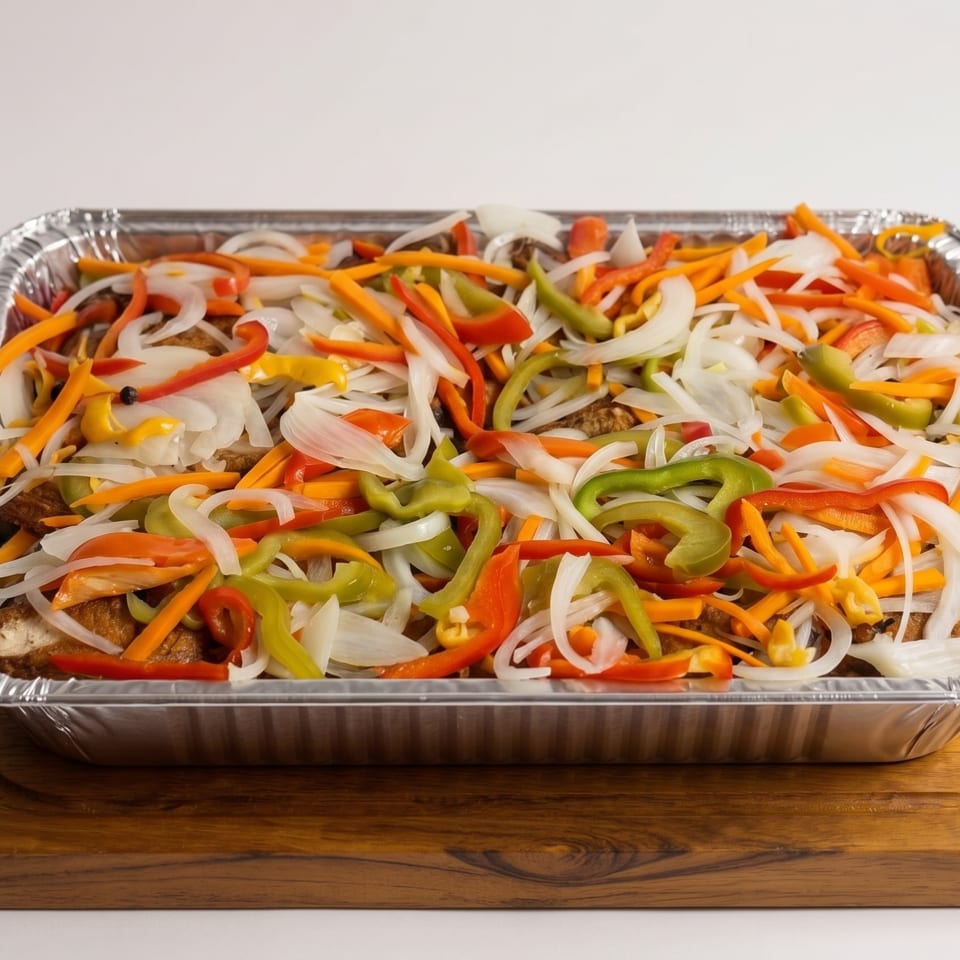 A foil pan filled with colorful sliced bell peppers and onions over meat, on a wooden board.