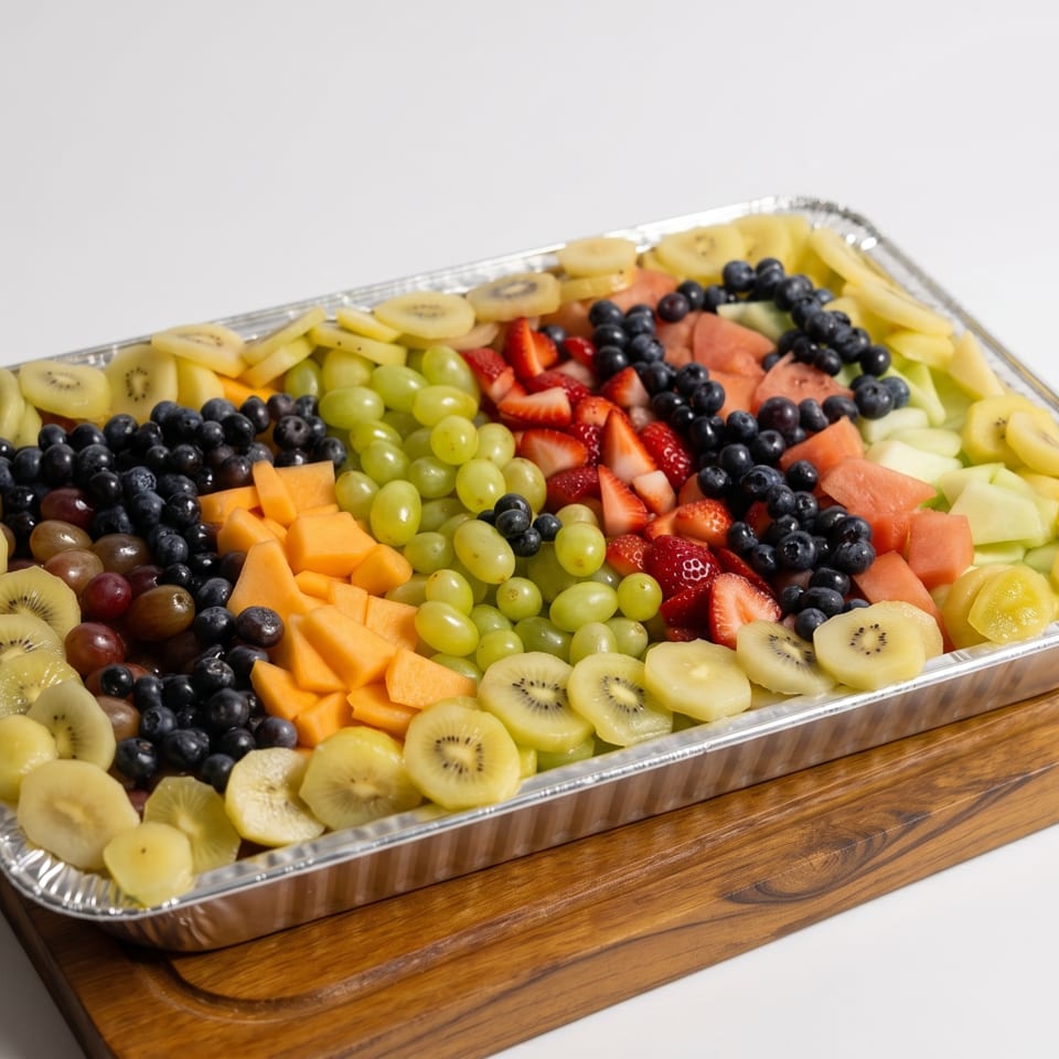A large catering tray filled with colorful fresh fruit, including kiwi, grapes, blueberries, strawberries, and melon.