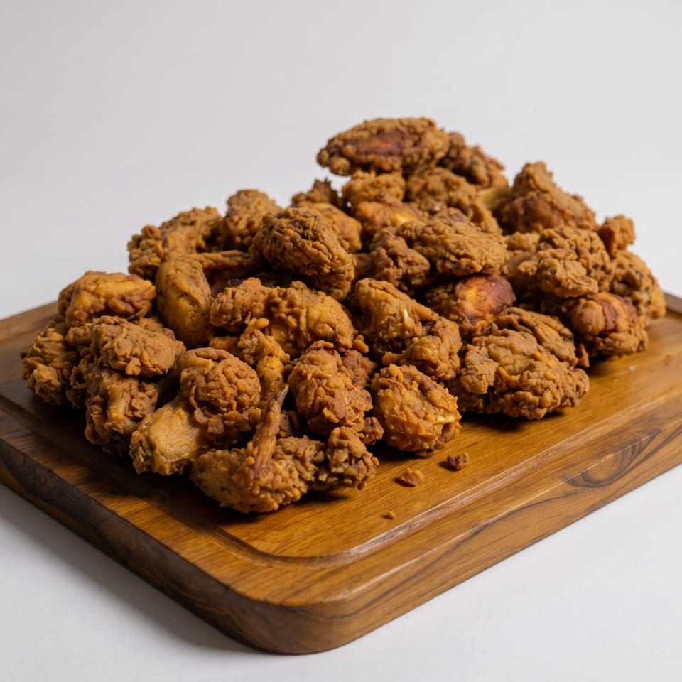 A large pile of crispy, golden-brown fried chicken pieces on a wooden serving board.