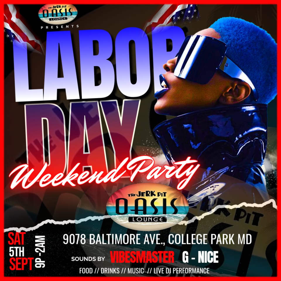 Promotional poster for Labor Day weekend party at Oasis Lounge featuring a blue-haired person in sunglasses, flags, music, food, and drinks.