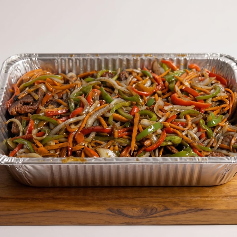 A foil catering pan filled with colorful stir-fried beef, peppers, onions, and carrots on a wooden board.