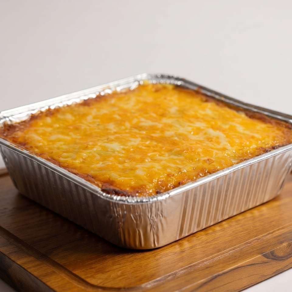 A rectangular aluminum foil pan filled with a cheesy baked dish, resting on a wooden board.