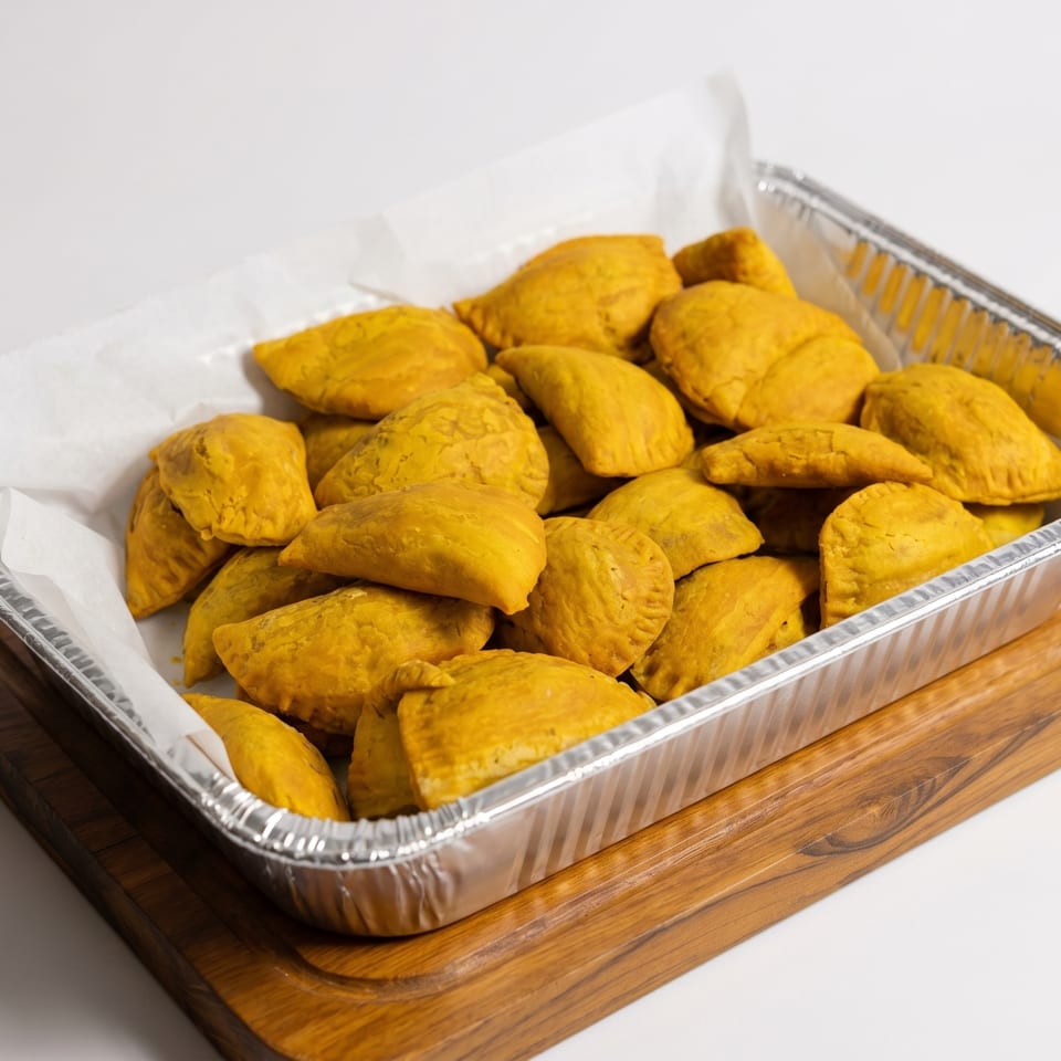 A foil tray filled with numerous golden-yellow Jamaican beef patties, lined with white parchment paper.