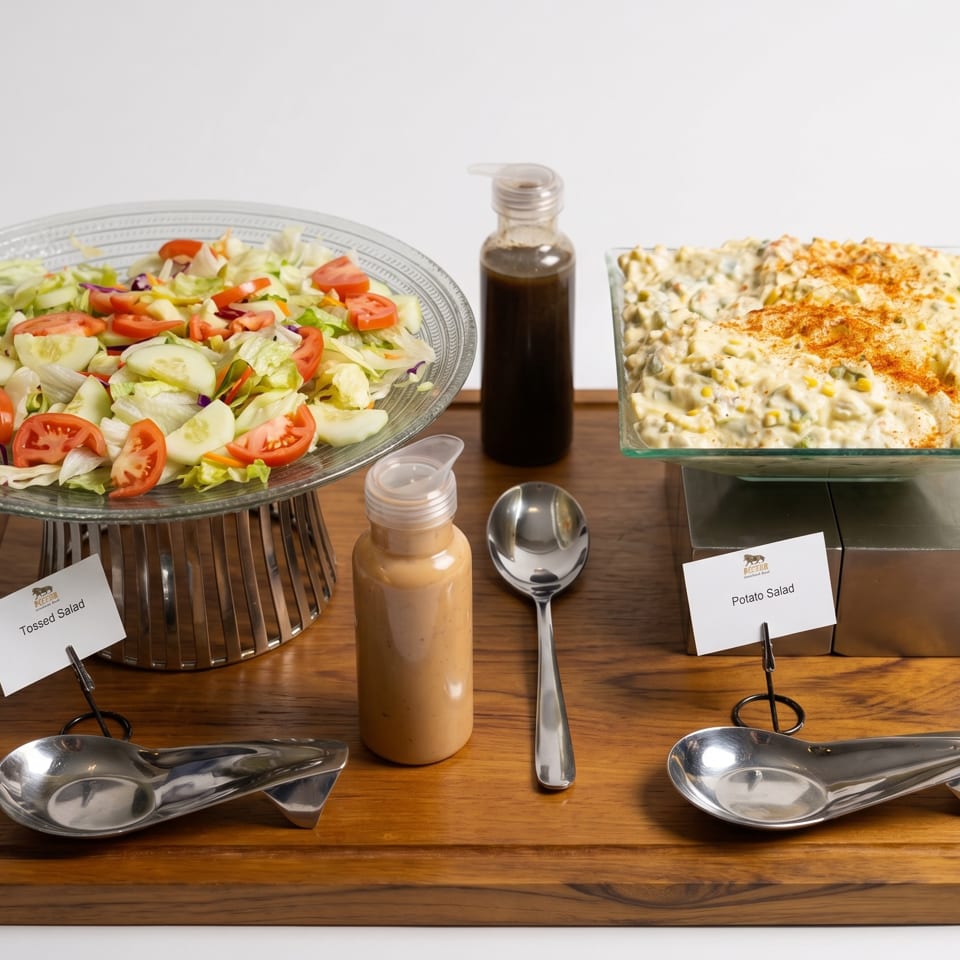 Tossed salad and potato salad with dressings and serving spoons on a wooden board.
