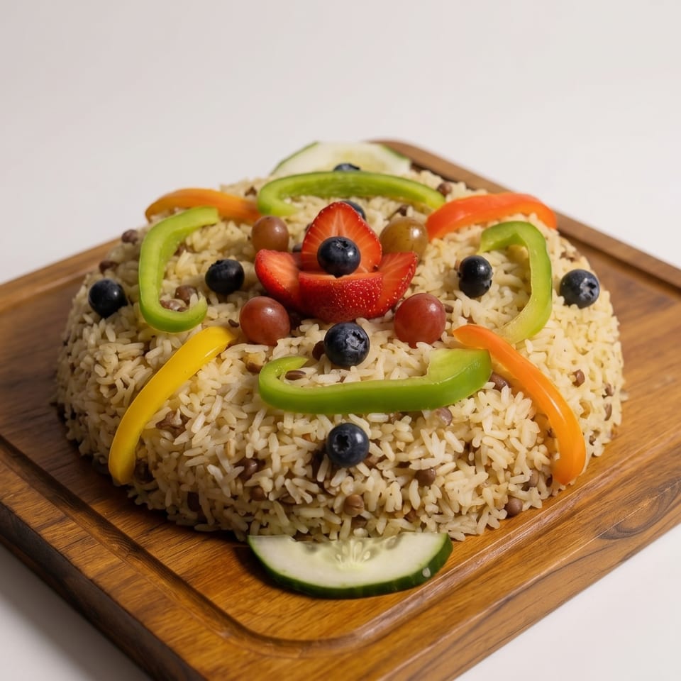 Rice and lentils dish topped with colorful bell peppers, blueberries, grapes, strawberries, and cucumber.