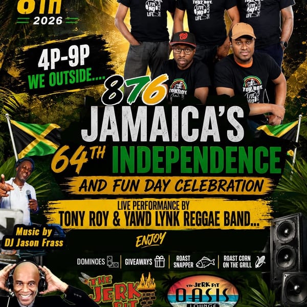 Jerk Pit Oasis Lounge's Jamaican Independence Day celebration flyer featuring a reggae band, DJs, and festive food.