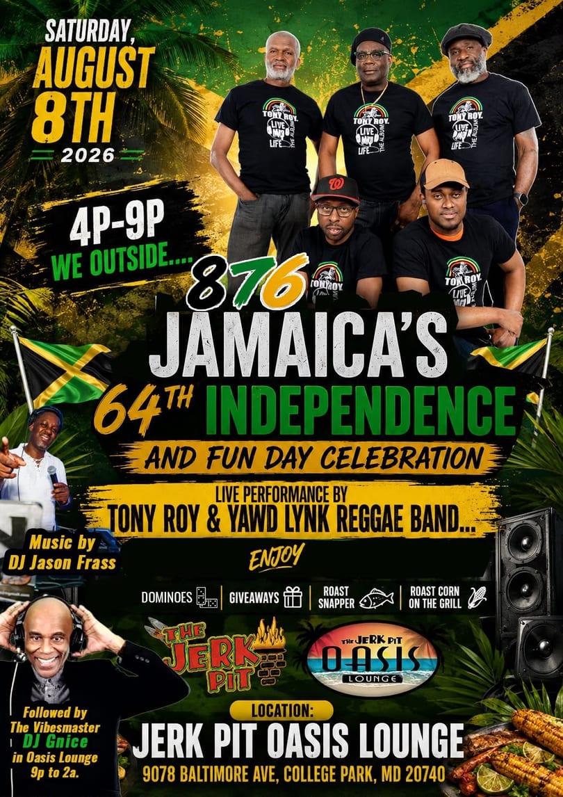 Jerk Pit Oasis Lounge's Jamaican Independence Day celebration flyer featuring a reggae band, DJs, and festive food.