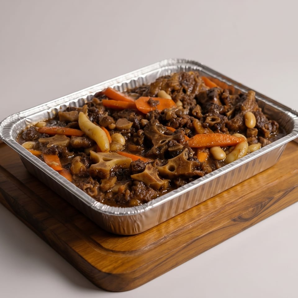 Oxtail stew with carrots and beans in a foil pan on a wooden cutting board.