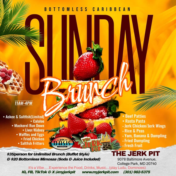 A vibrant flyer for The Jerk Pit's Caribbean Sunday Brunch, featuring waffles, strawberries, and palm leaves.