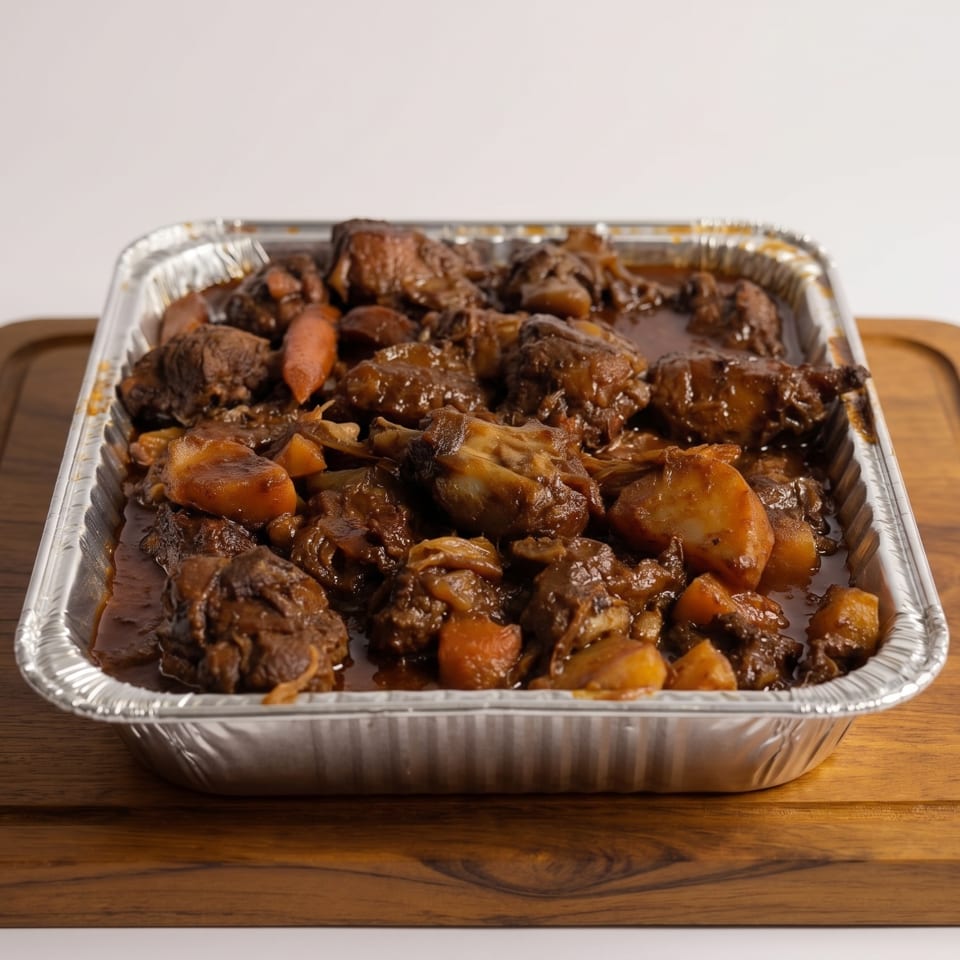 Hearty beef stew with potatoes and carrots in a foil pan on a wooden cutting board.