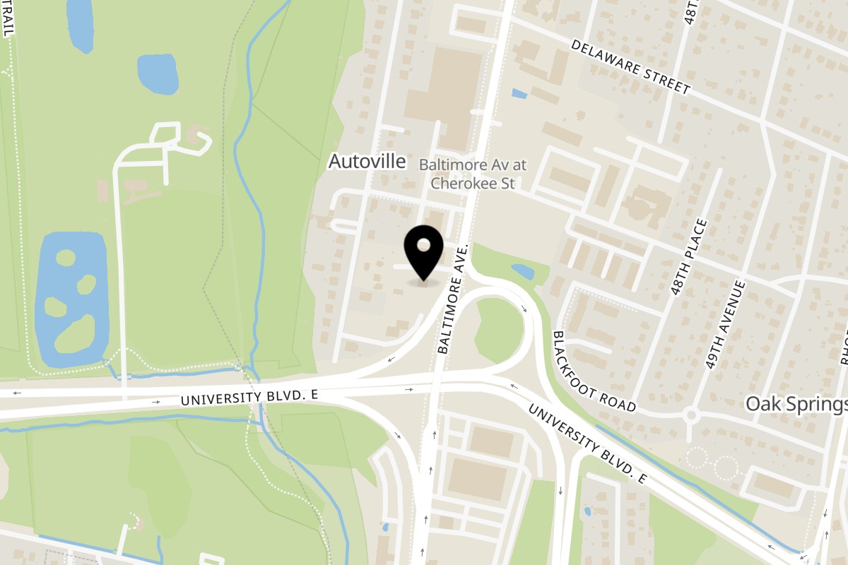 Map showing the location of The Jerk Pit on 9078 Baltimore Ave in College Park